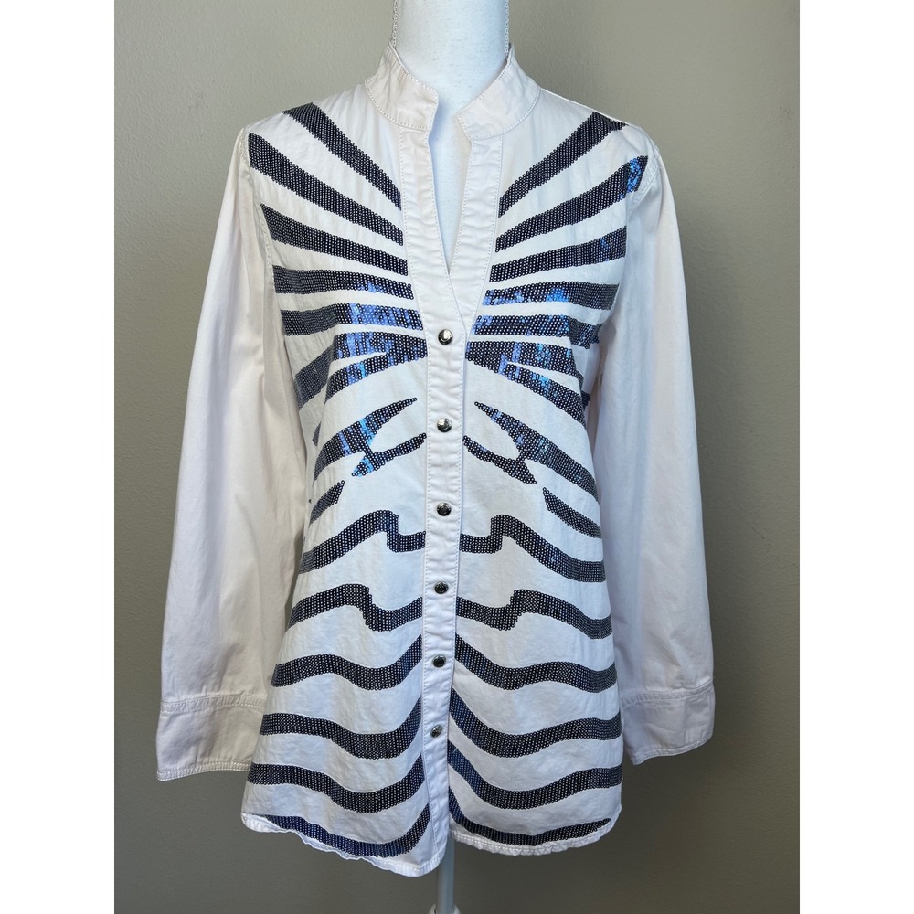 Lafei Nier White Sequin Zebra Print Button Front Shirt Stretch Cotton Size L Y2K